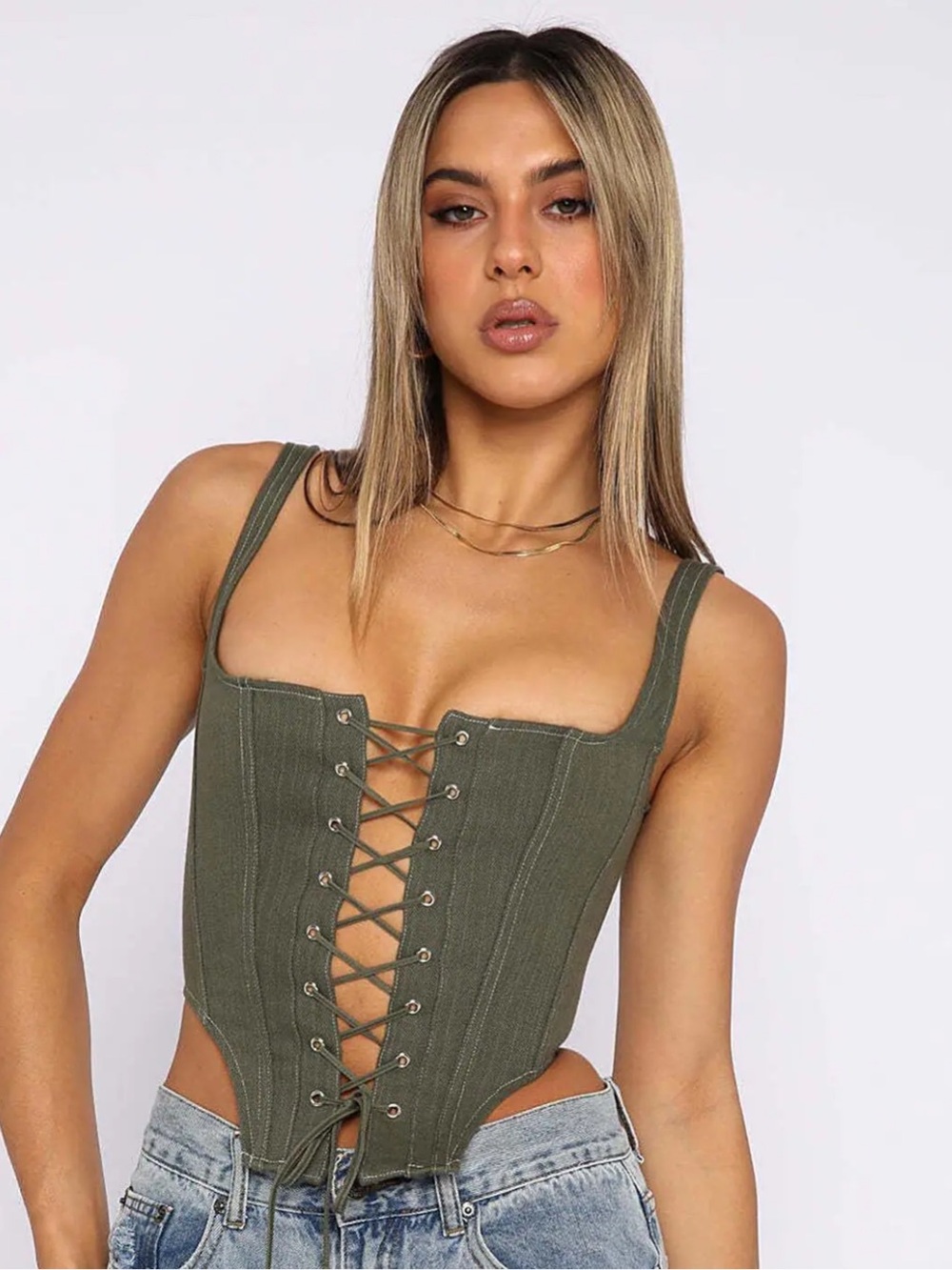 White Fox Boutique Good News Bustier Bottle Green Lace-Up Corset Tank